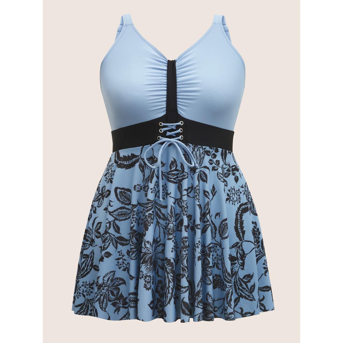Plus Size Silhouette Floral Print Ruched Lace Up Swim Dress Women's Swimwear Stone Beach Bodycon V-neck High stretch Curve Swim Dresses BloomChic 26/4X Product Image