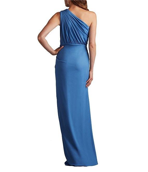 Tadashi Shoji One Shoulder Ruffle Front Crepe Column Gown Product Image
