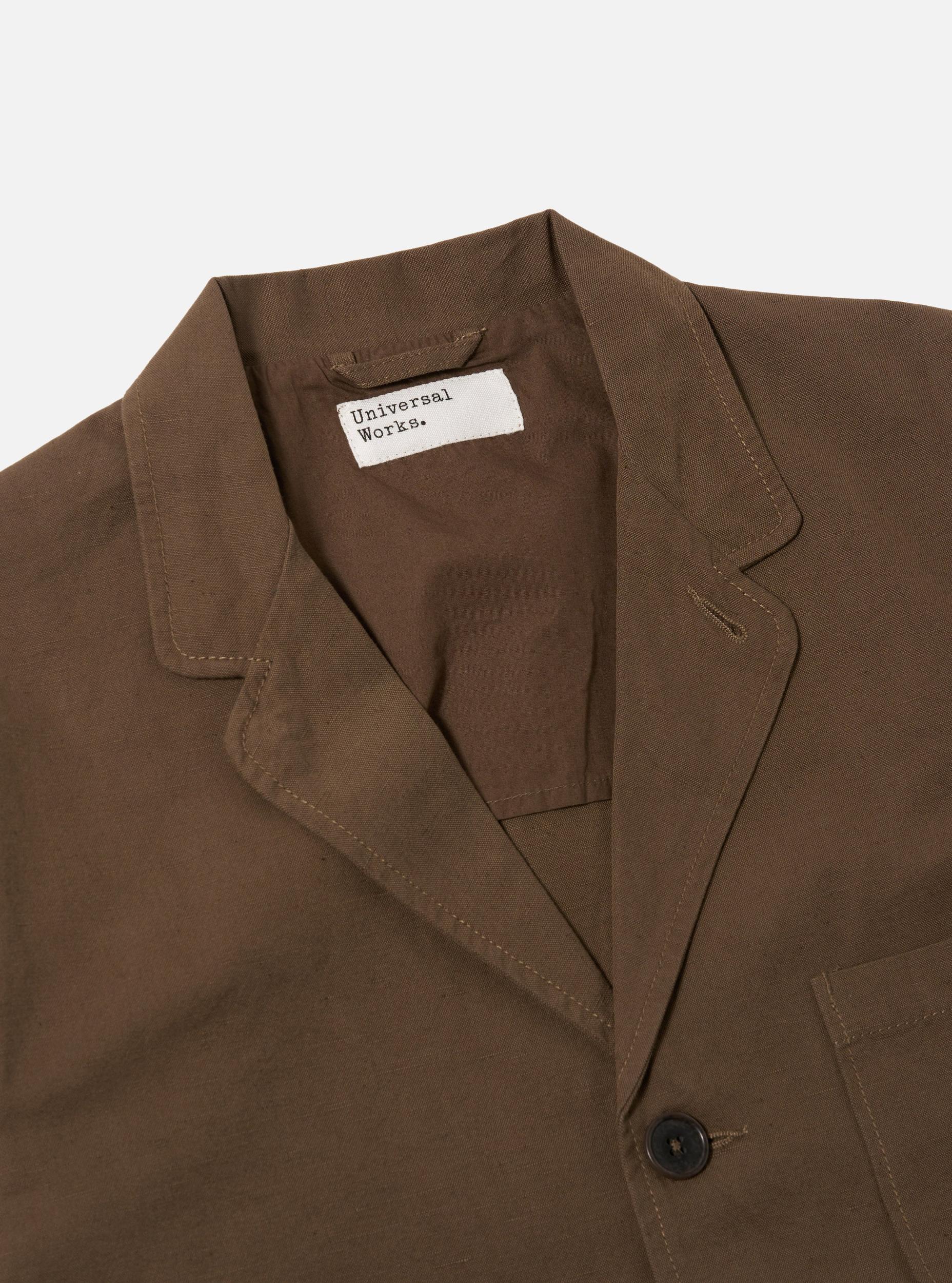 Universal Works Three Button Jacket in Khaki Linen Slub Weave Product Image