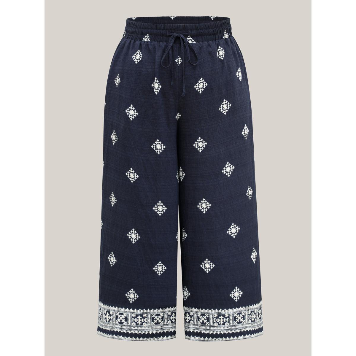 Plus Size Geometric Print Tied Wide-Leg Pants Women Indigo Boho Wide Leg Mid Rise Vacation Pants BloomChic 18-20/2X Product Image