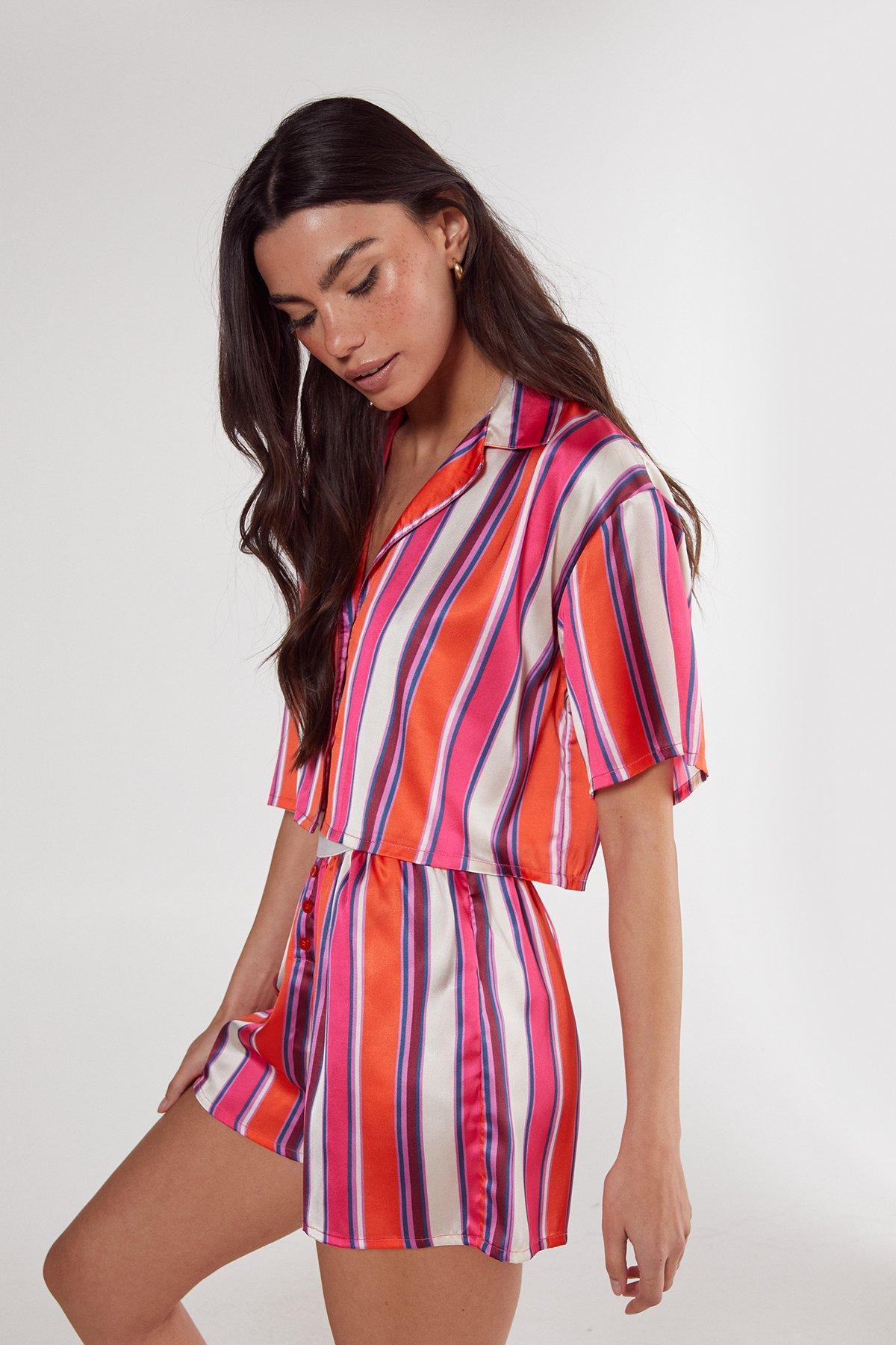 Satin Multi Stripe Cropped Shirt And Shorts Pajama Set Product Image
