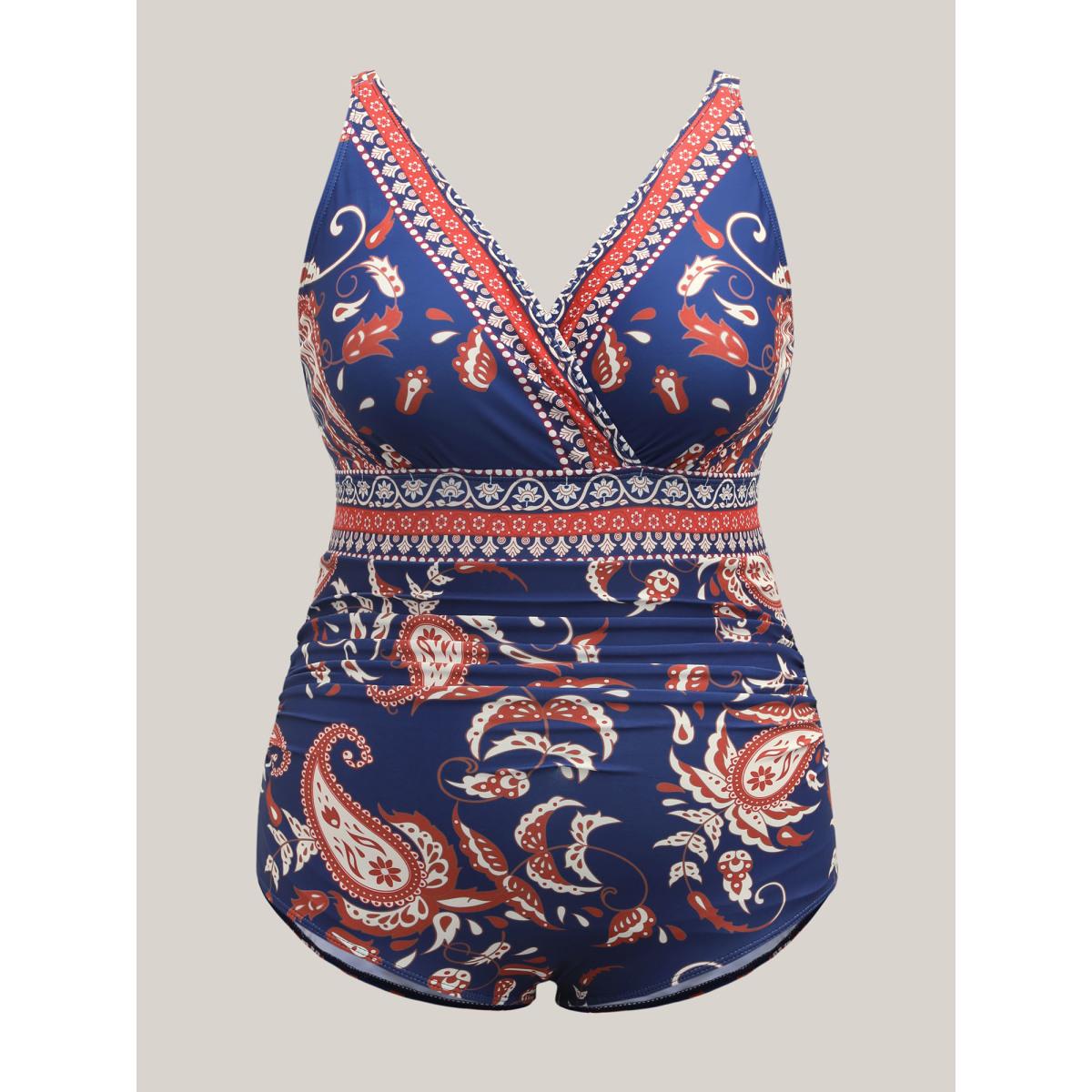 Plus Size Paisley Print Surplice One-Piece Swimsuit Women's Swimwear Indigo Beach Curve Bathing Suits High stretch One Pieces BloomChic 14-16/1X Product Image