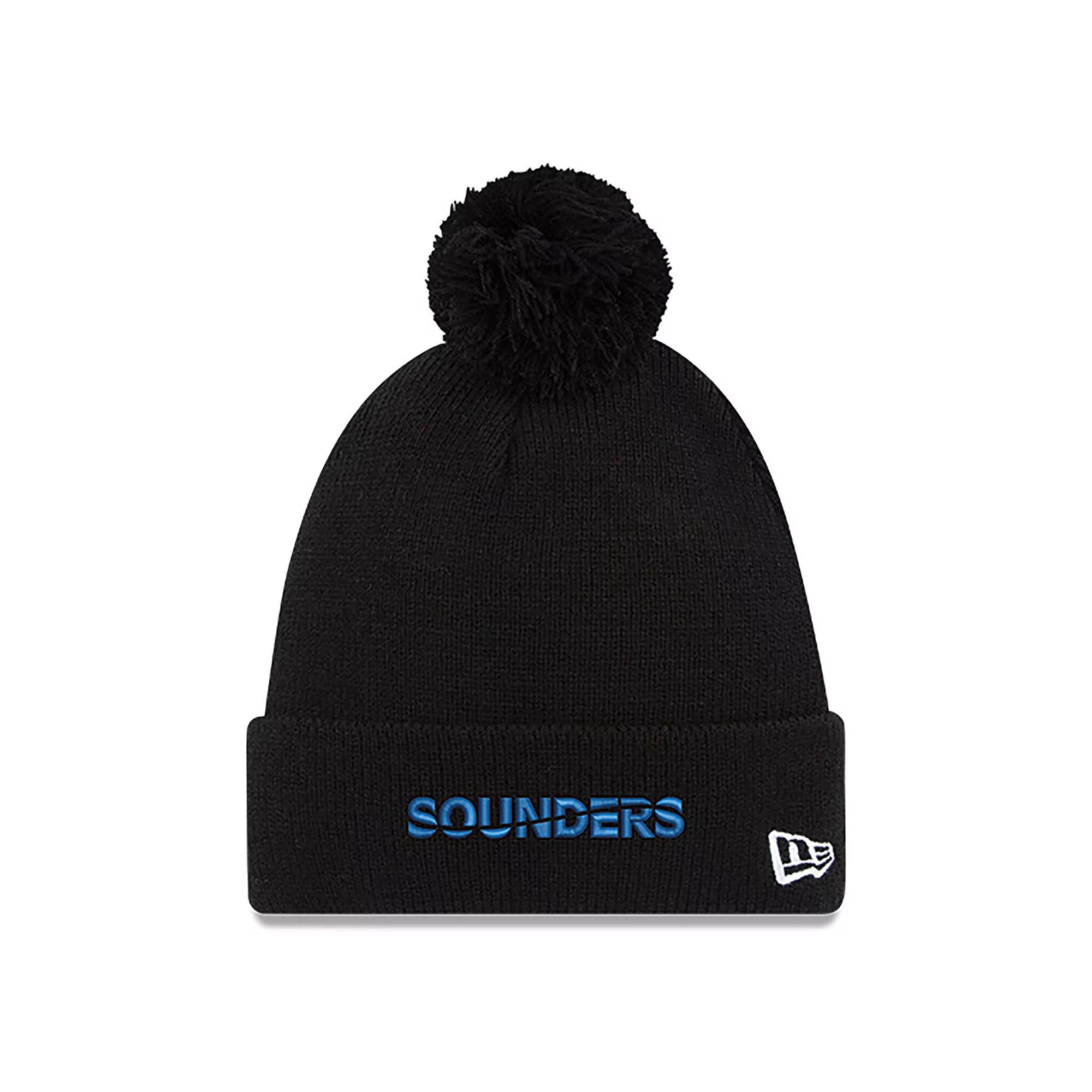 Men's New Era Black Seattle Sounders FC Wordmark Pom Cuffed Knit Hat Product Image