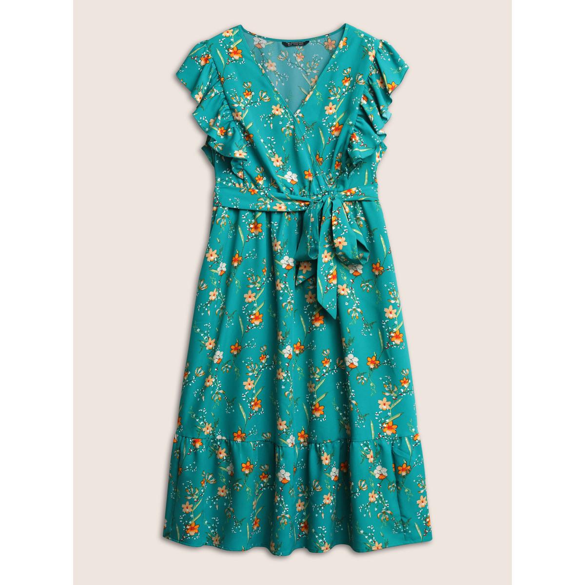 Plus Size Ditsy Floral Flutter Trim Pocket Layered Hem Dress Teal Women Elegant Non Overlap Collar Cap Sleeve Curvy Midi Dress BloomChic 30/6X Product Image