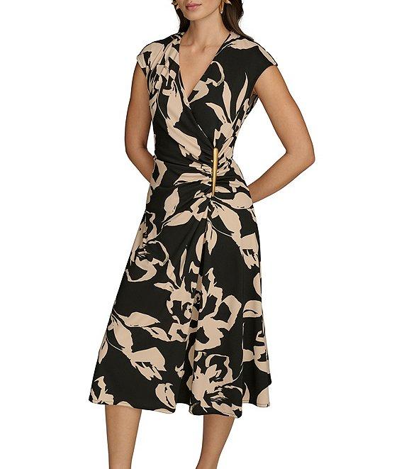 Donna Karan Jersey V-Neck Sleeveless Ruched Gold Broach Midi Sheath Dress Product Image