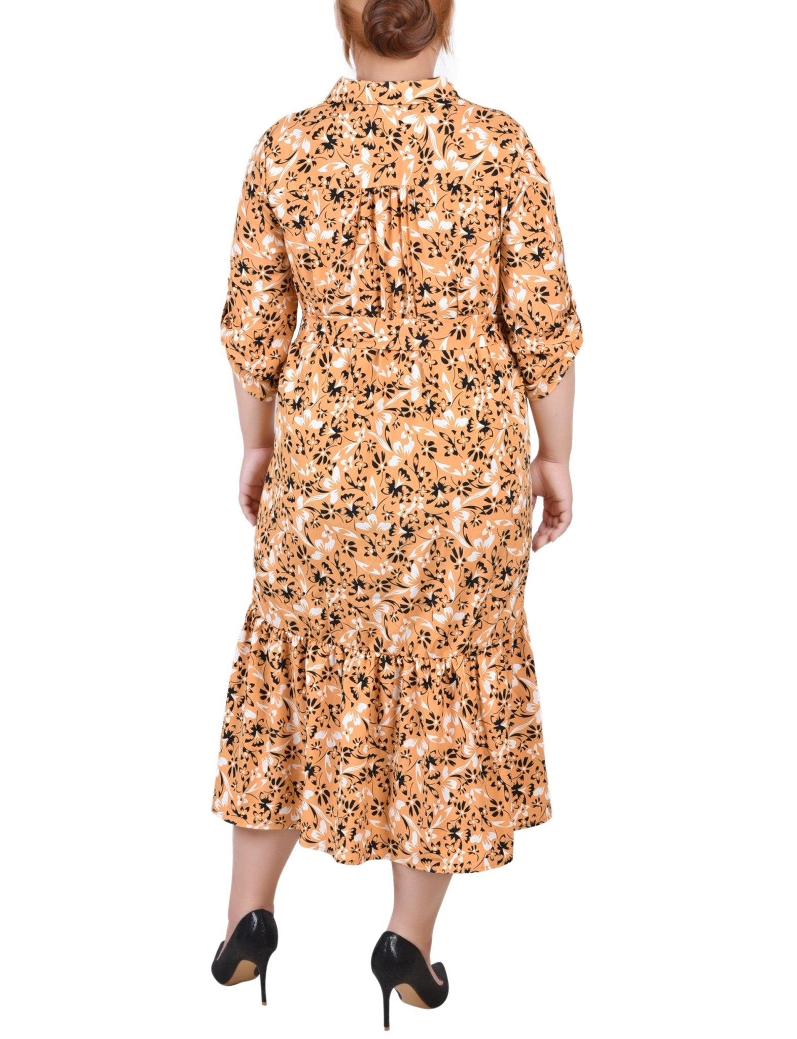 Black Gold White Long Sleeve Tiered Dress With Belt - Plus Product Image