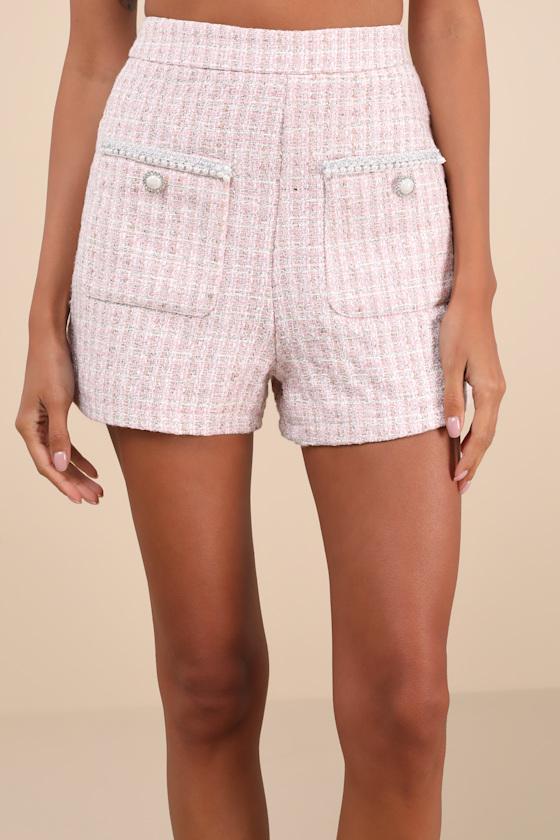 Adept Sophistication Light Pink Tweed Lurex High-Waisted Shorts Product Image