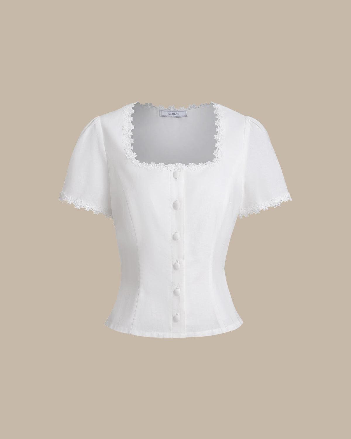 White Square Neck Button Lace Blouse Product Image