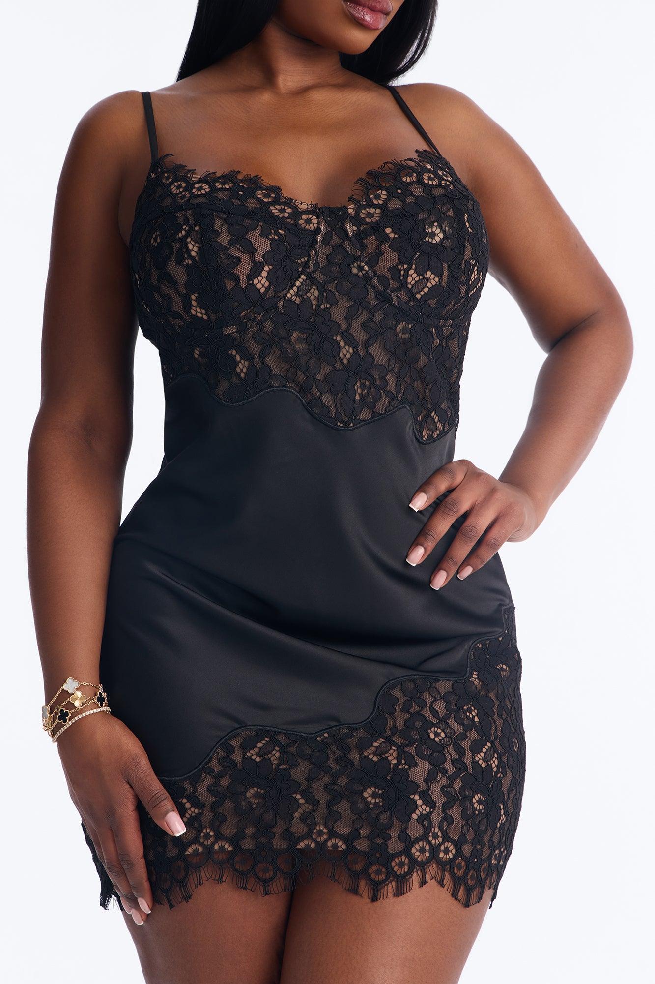Lovely Lace Satin Mini Dress - Black Female Product Image