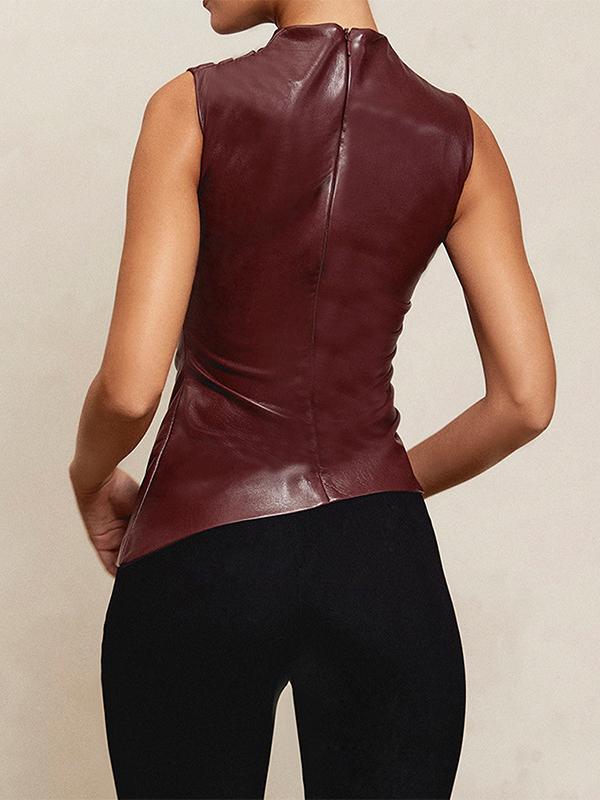 Skinny Sleeveless Asymmetric Pleated Solid Color Mock Neck Vest Top Product Image