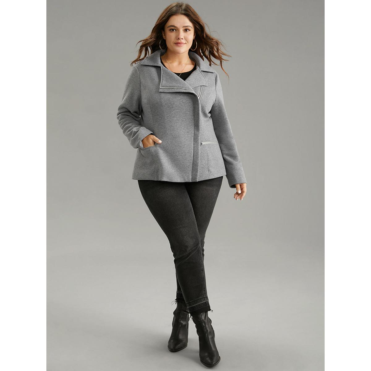 Plus Size Solid Zipper Asymmetrical Pocket Lapel Collar Coat Women Gray Casual Lined Ladies Dailywear Winter Coats BloomChic 14-16/1X Product Image
