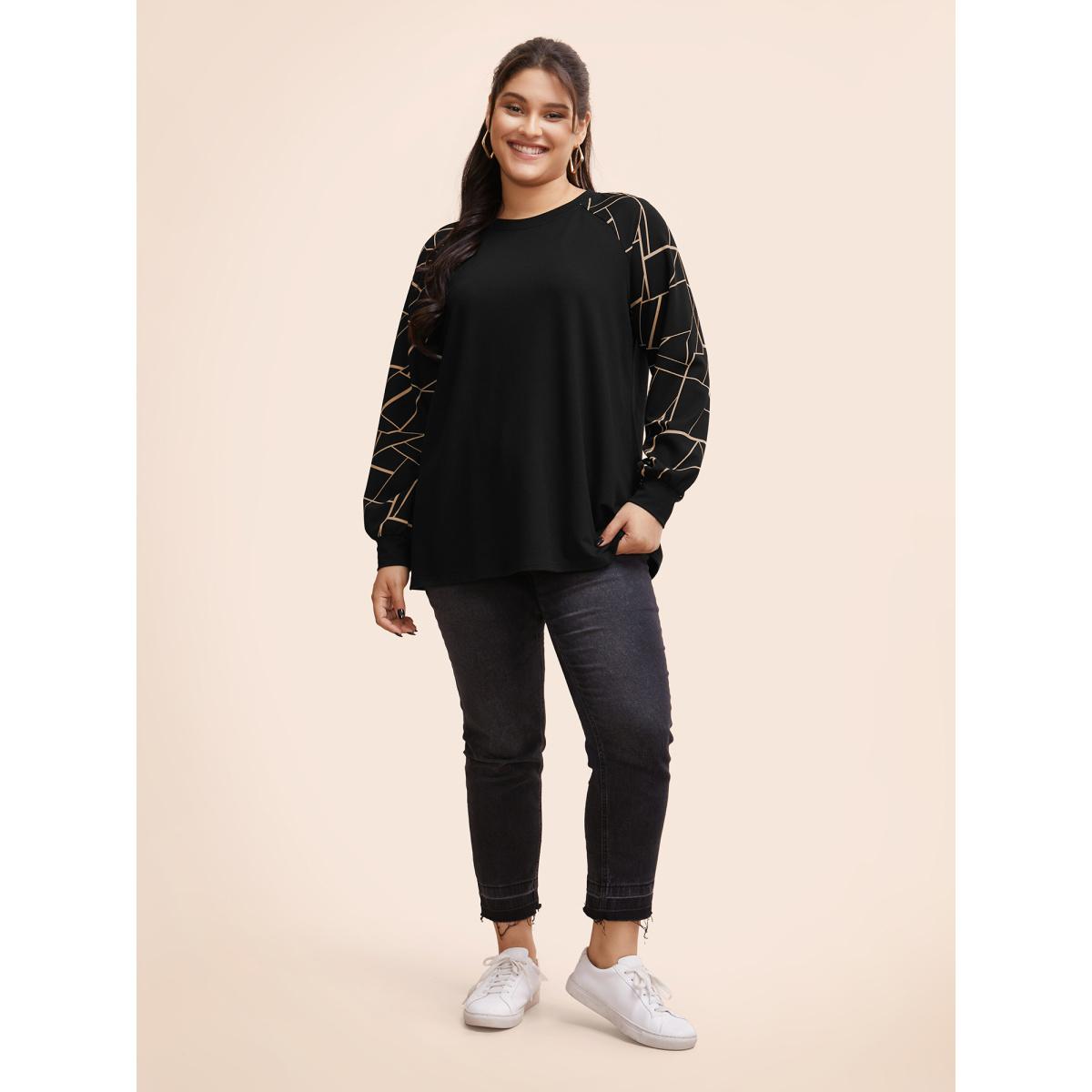Plus Size Geometric Round Neck Raglan Sleeve Sweatshirt Women Multicolor Casual Elastic cuffs Round Neck Dailywear Sweatshirts BloomChic 22-24/3X Product Image