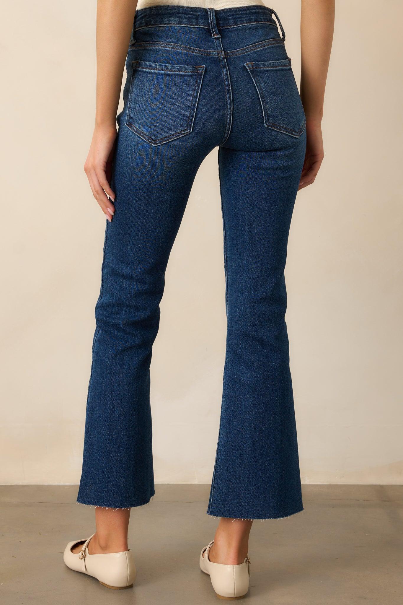 Back And Forth Dark Wash Mid Rise Cropped Flare Jeans Product Image