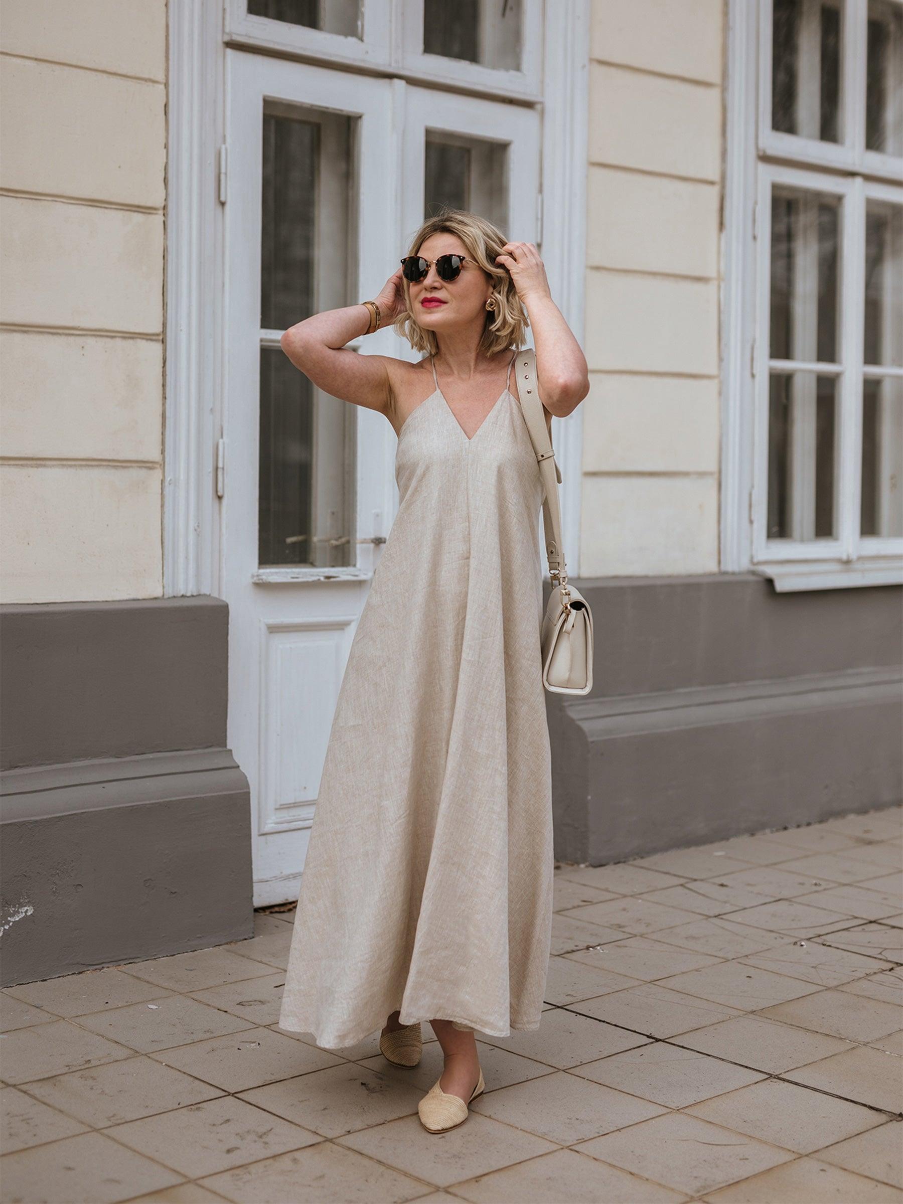 100% Linen Women Backless Strap Maxi Dress Product Image
