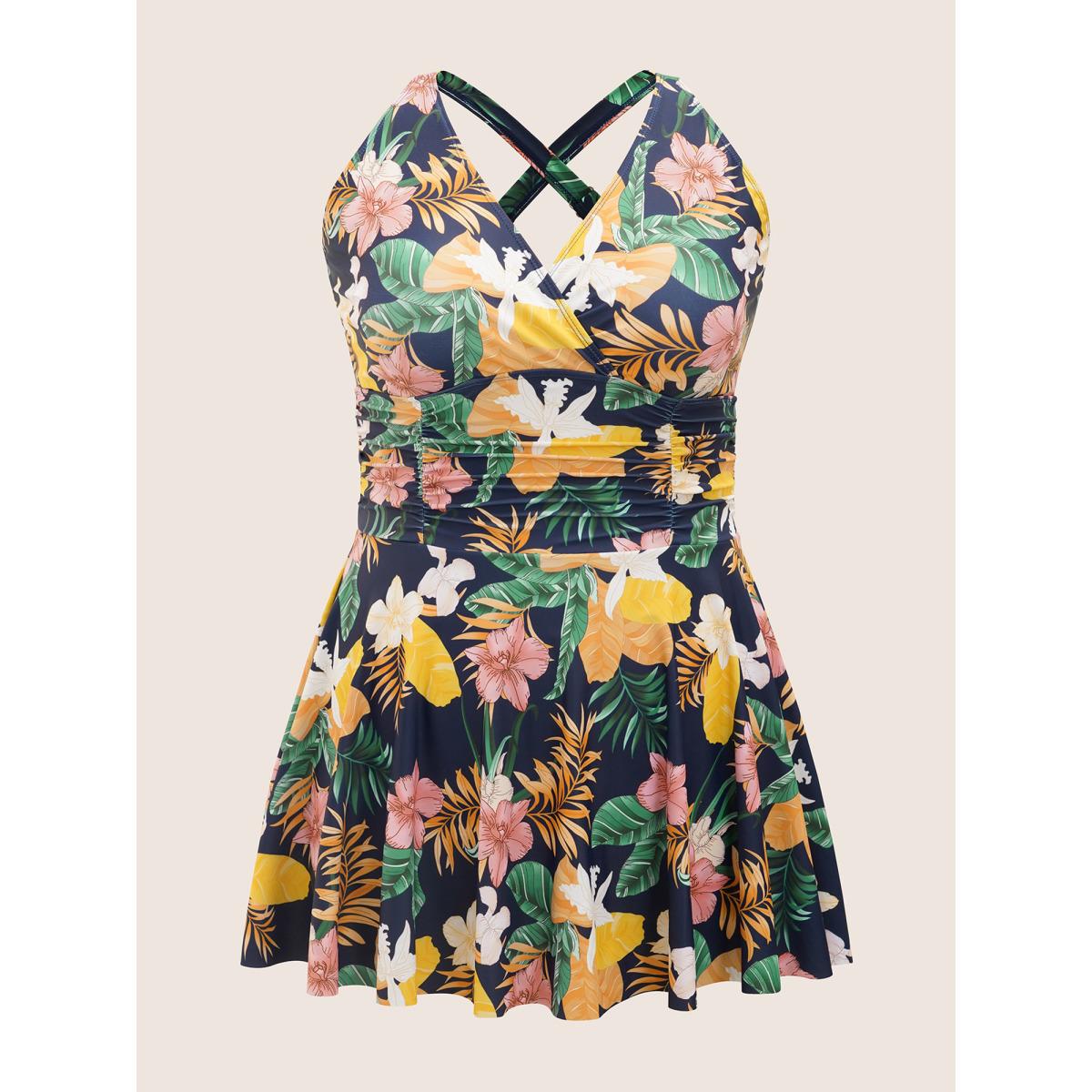 Plus Size Tropical Adjustable Straps Ruched Swim Dress Women's Swimwear Multicolor Beach Bodycon Overlap Collar High stretch Curve Swim Dresses BloomChic 28/5X Product Image