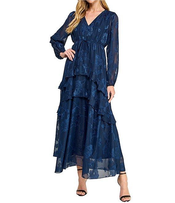 Layered With Love Alice Jacquard Chiffon Long Sleeve V-Neck Ruffle Tiered A-Line Maxi Dress Product Image