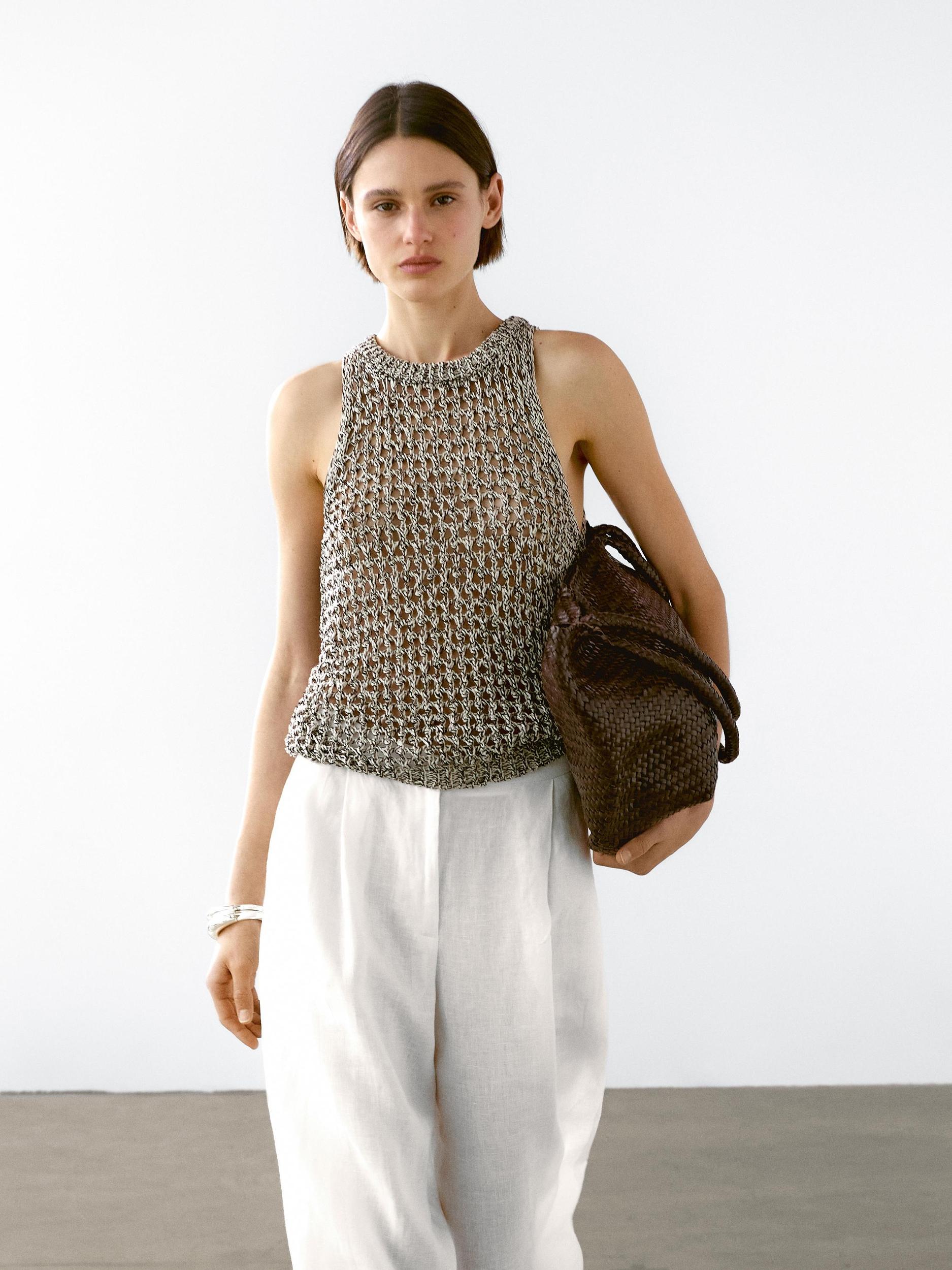 Openwork cotton blend halter top Product Image