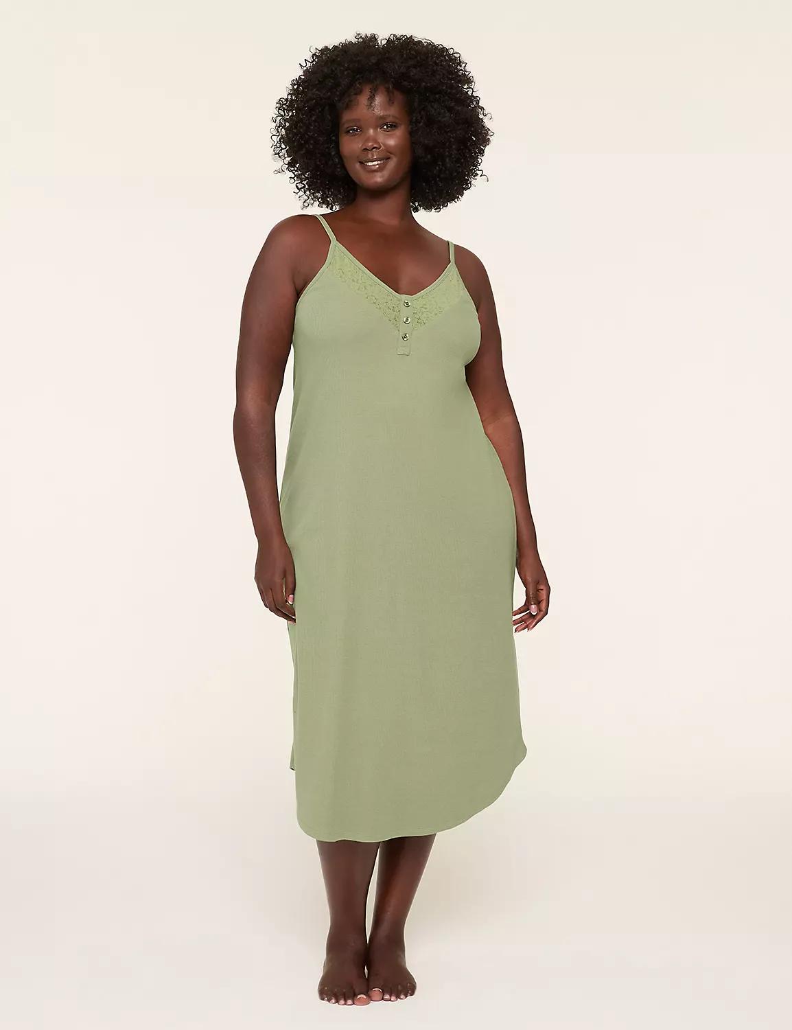 Comfy Cotton Rib Lace-Trim Henley Midi Sleepshirt Product Image