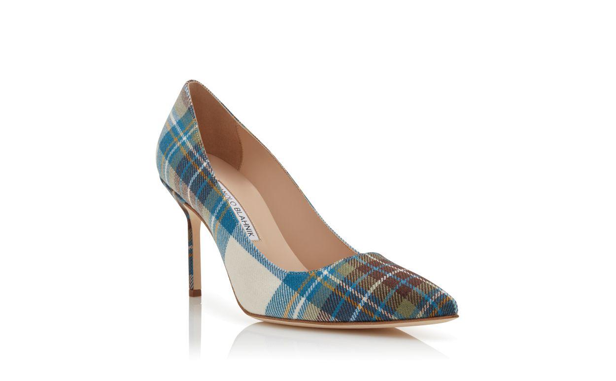 BB 90 Blue Wool Tartan Pointed Toe Pumps Product Image