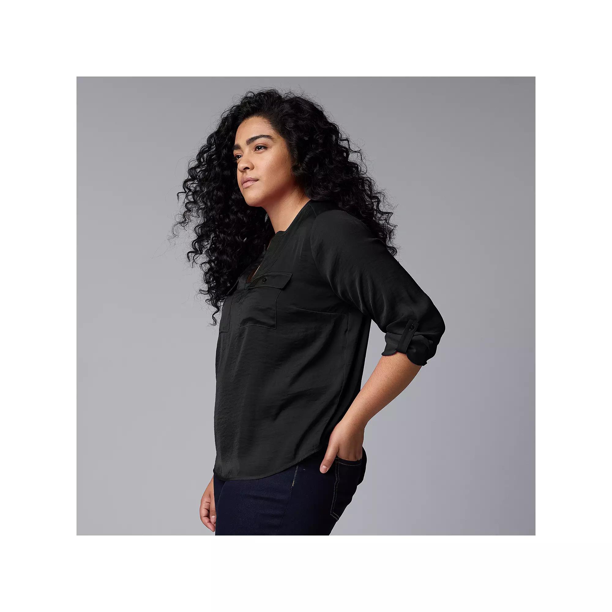 Plus Size Petite Simply Vera Vera Wang Roll-Tab Popover Blouse, Women's, Size: 3XL, Black Product Image