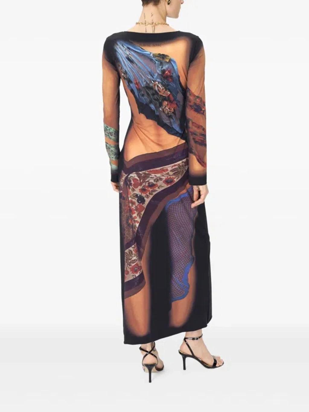 MARINE SERRE Multicolor Long Dress With All-over Graphic Print In Tech Fabric Woman In Beige Product Image