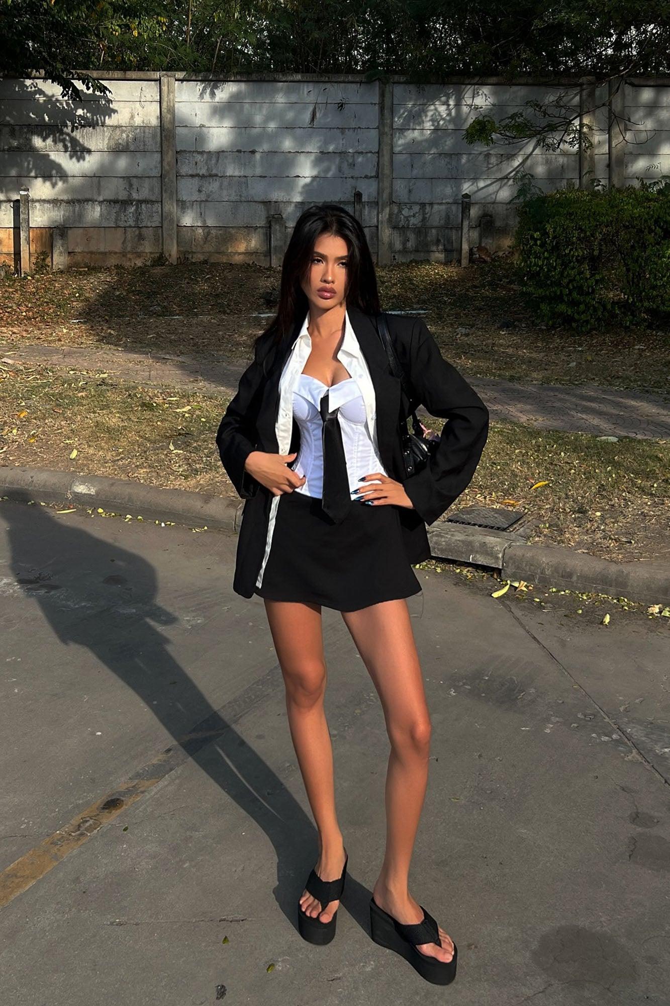 Ruby Tie Corset Micro Mini Dress - Black/White Product Image