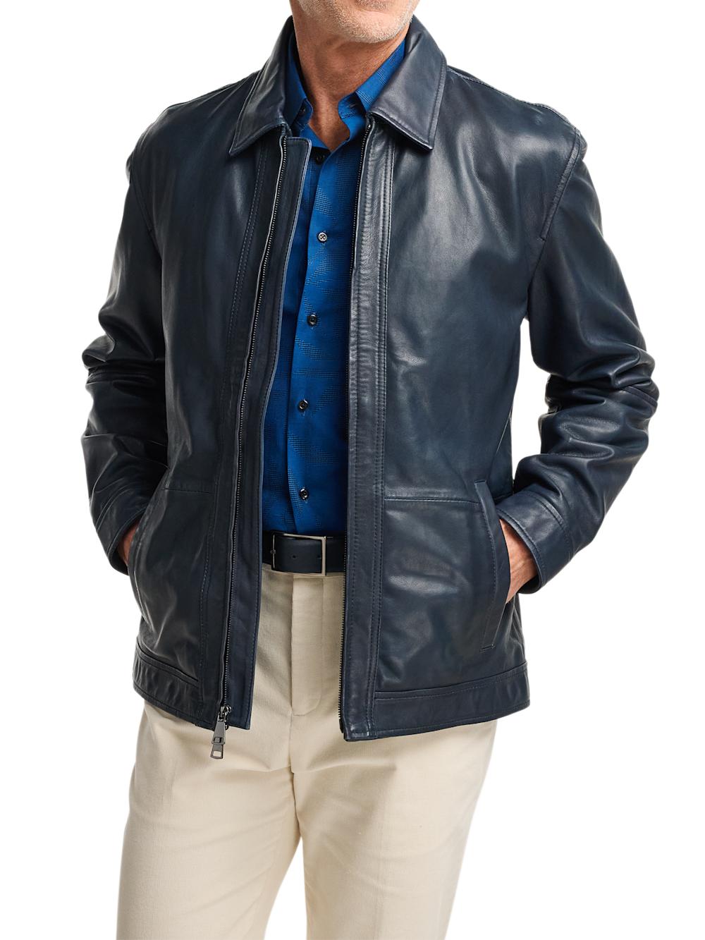 Leather Bomber Jacket - Navy Product Image