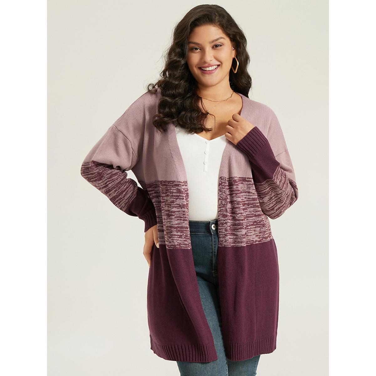 Plus Size Anti-Pilling Contrast Heather Open Front Cardigan Burgundy Women Casual Loose Long Sleeve Dailywear Cardigans BloomChic 30/6X Product Image