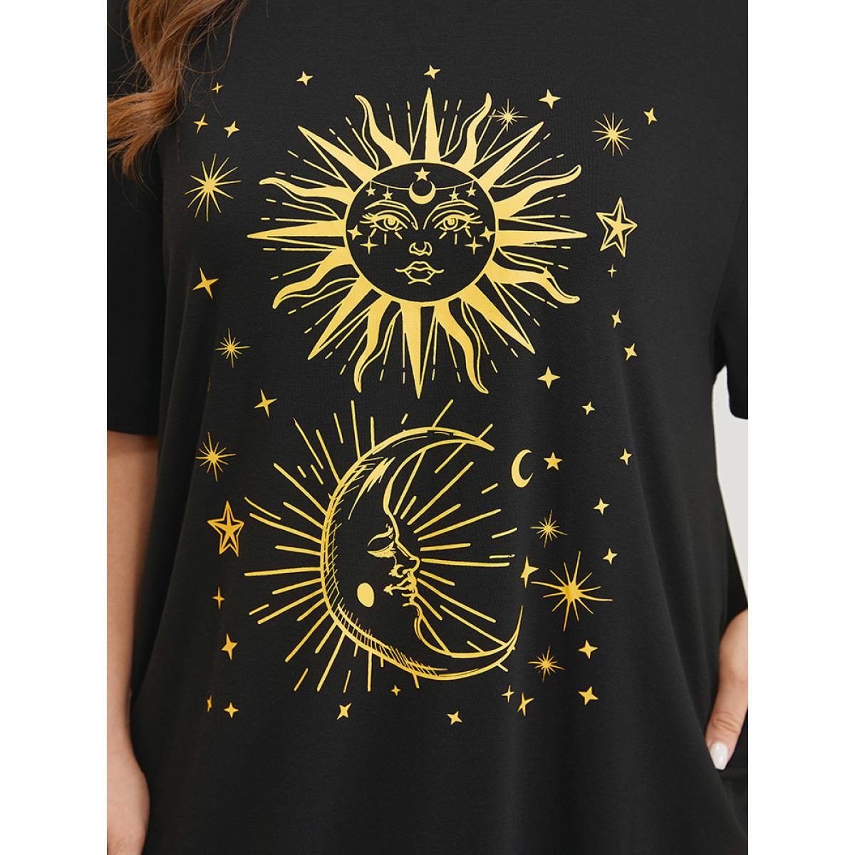 Plus Size Supersoft Essentials Star & Moon Print Pocket Crew Neck Dress Black Women Casual Plain Curvy Knee Dress BloomChic 12/L Product Image