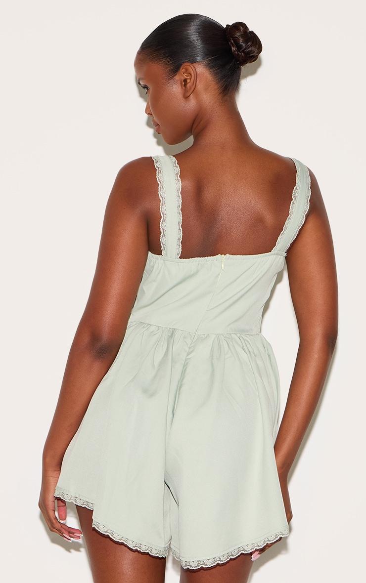 Sage Green Woven Lace Detail Strappy Romper Product Image