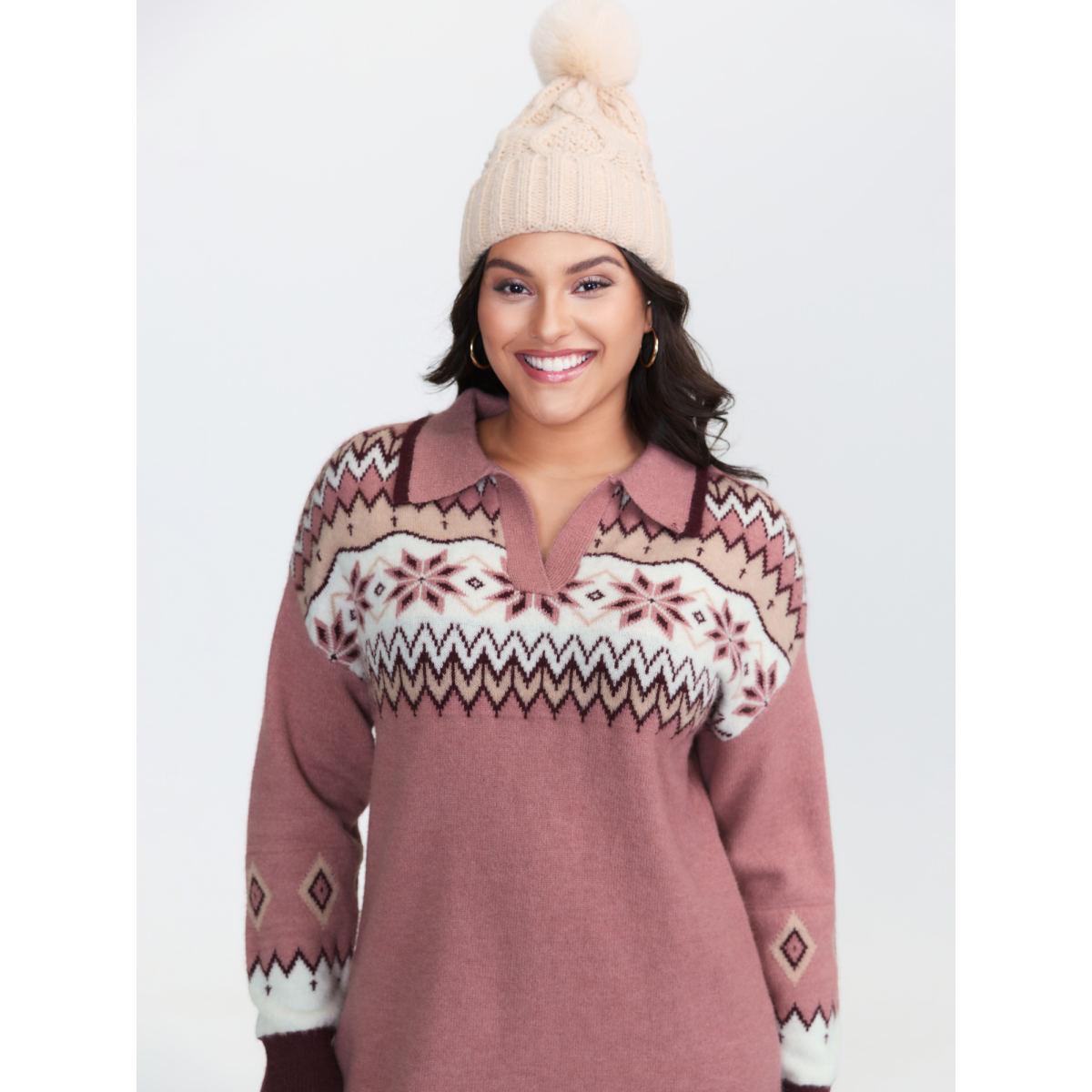 Plus Size Boho Pattern Jacquard Contrast Sweater Dress Beanpastepowder Women Leisure Loose Long Sleeve Casual Sweater Dresses BloomChic 10/M Product Image