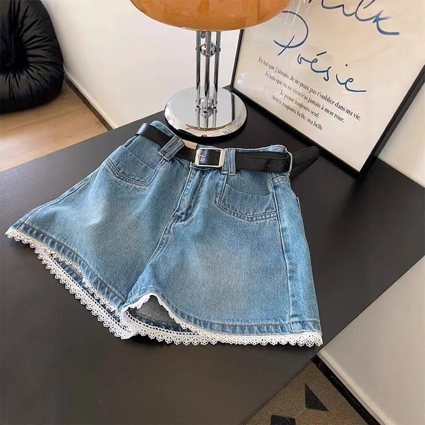 High Waist Washed Lace Trim Denim Shorts Product Image