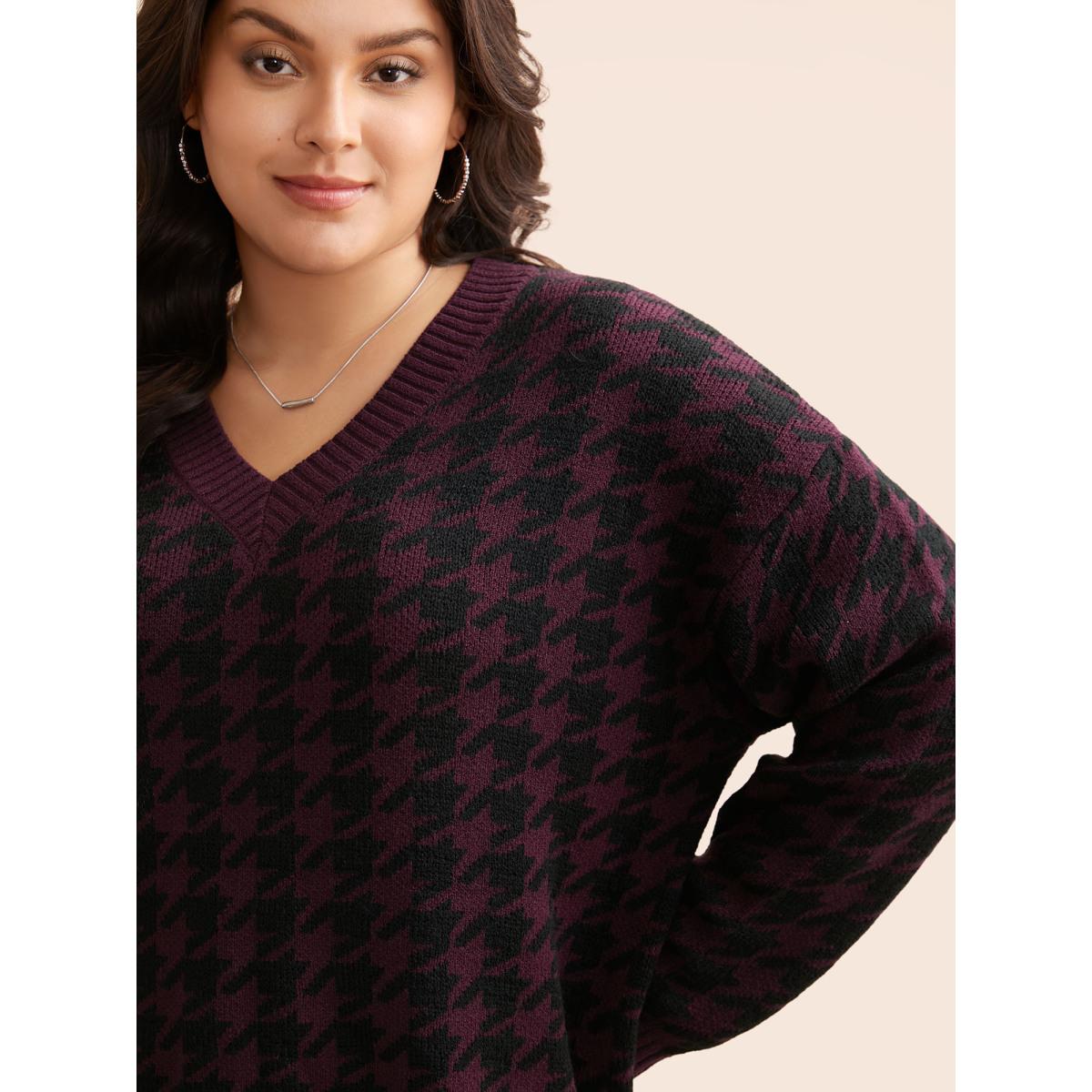 Plus Size V Neck Houndstooth Drop Shoulder Pullover Plum Women Casual Loose Long Sleeve V-neck Everyday Pullovers BloomChic 26/4X Product Image