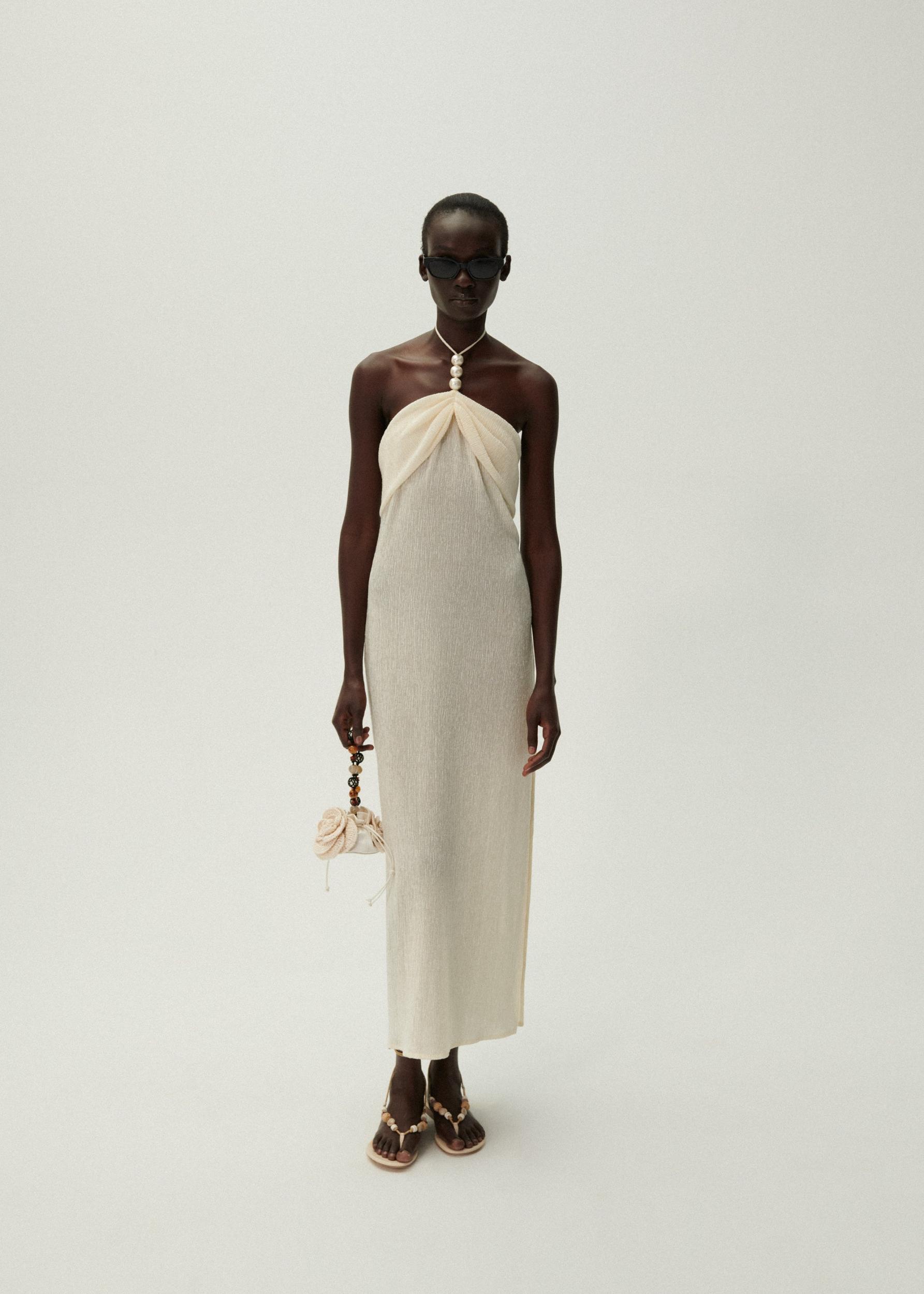 Pearl halterneck midi dress in cream Product Image