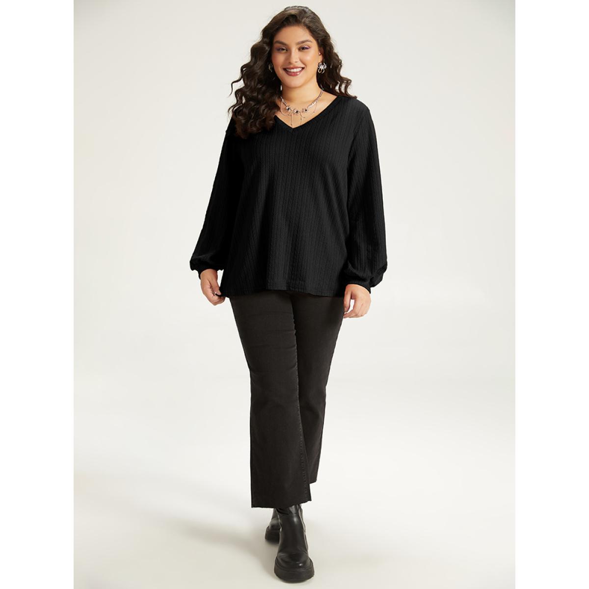 Plus Size Halloween Plain Elastic Cuffs V Neck Texture Lantern Sleeve Sweatshirt Women Black Casual Elastic cuffs V-neck Festival-Halloween Sweatshirts BloomChic 10/M Product Image