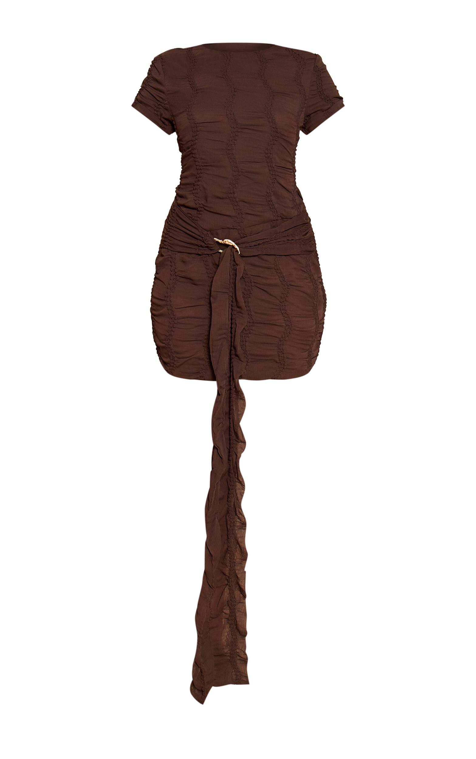 Chocolate Textured Belt Detail Mini Dress Product Image