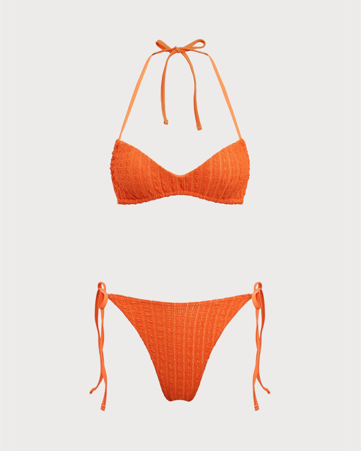 Orange Textured Drawstring Bikini Set Product Image