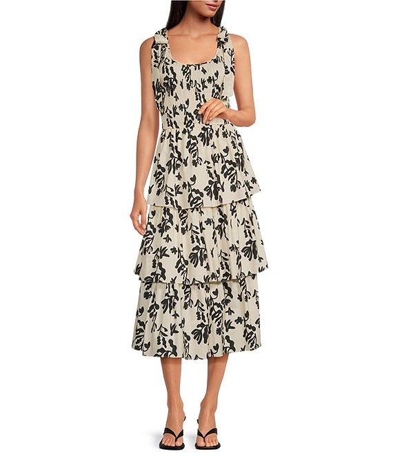 Skies Are Blue Floral Print Scoop Neck Ribbon Tie Tiered Poplin Midi Dress Product Image