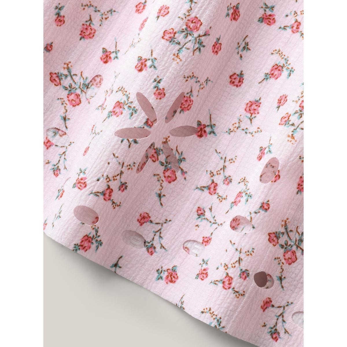 Plus Size Lightpink Shirred Laser Cut Hem Floral Blouse Women Cap Sleeve V-neck Everyday-Elegant Blouses BloomChic 12/L Product Image