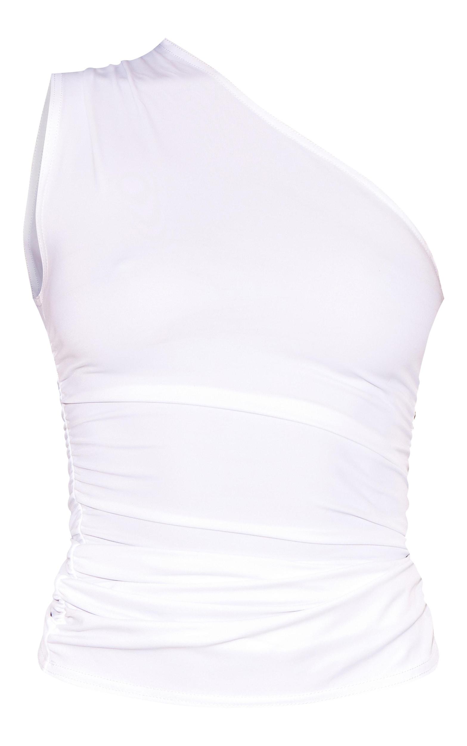 White Stretch Slinky Ruched Side Long Top Product Image