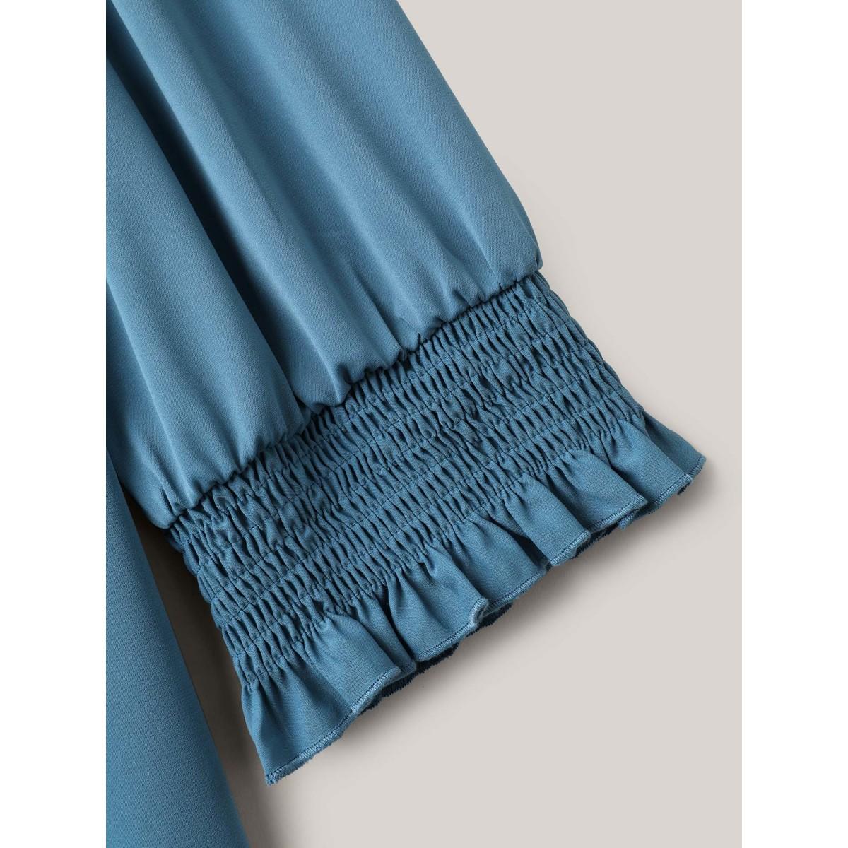 Plus Size Cerulean Shirred Sleeve Collared Plain Blouse Women At the Office Elbow-length sleeve V-neck Work Blouses BloomChic 22-24/3X Product Image