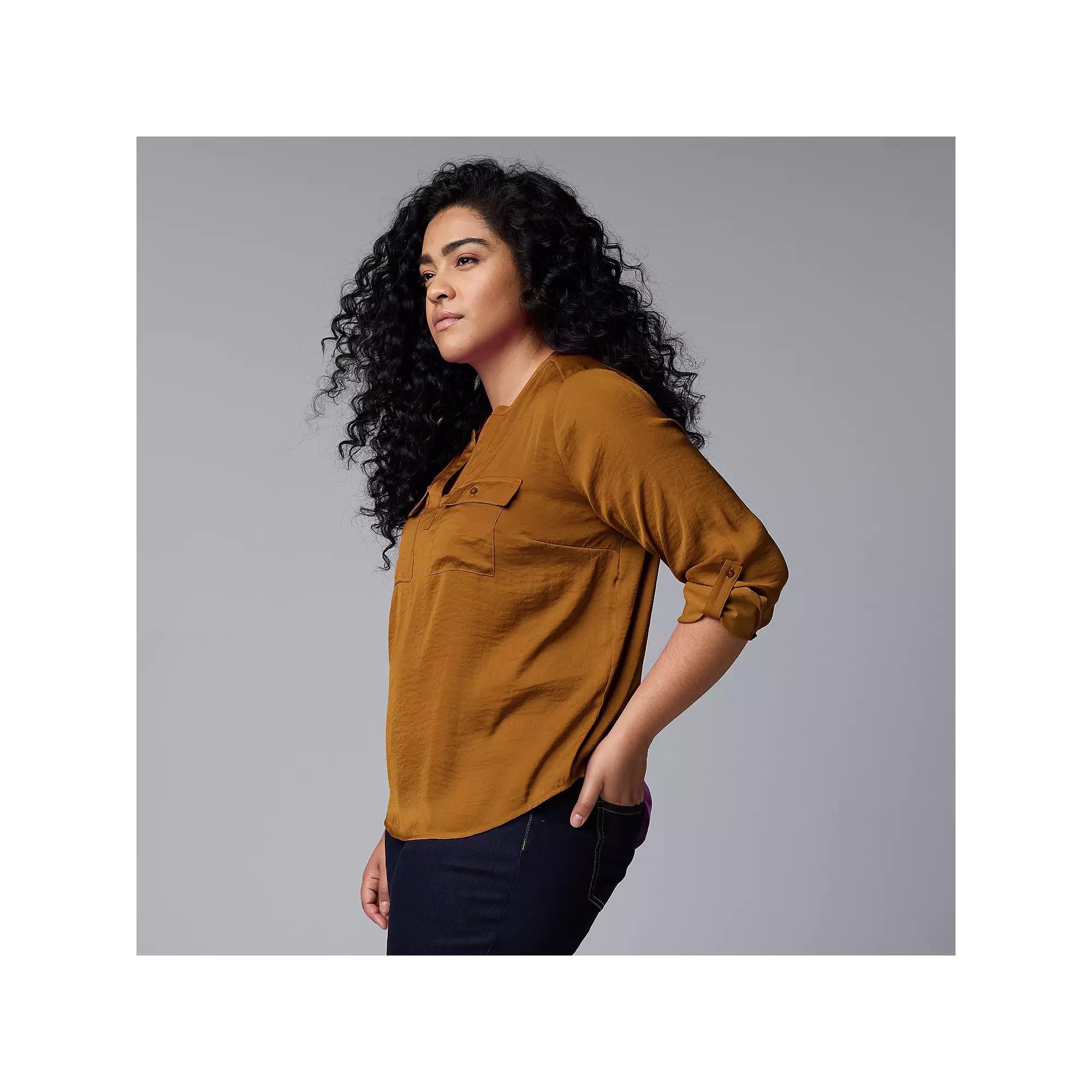 Plus Size Petite Simply Vera Vera Wang Roll-Tab Popover Blouse, Women's, Size: 2XL, Deep Red Product Image