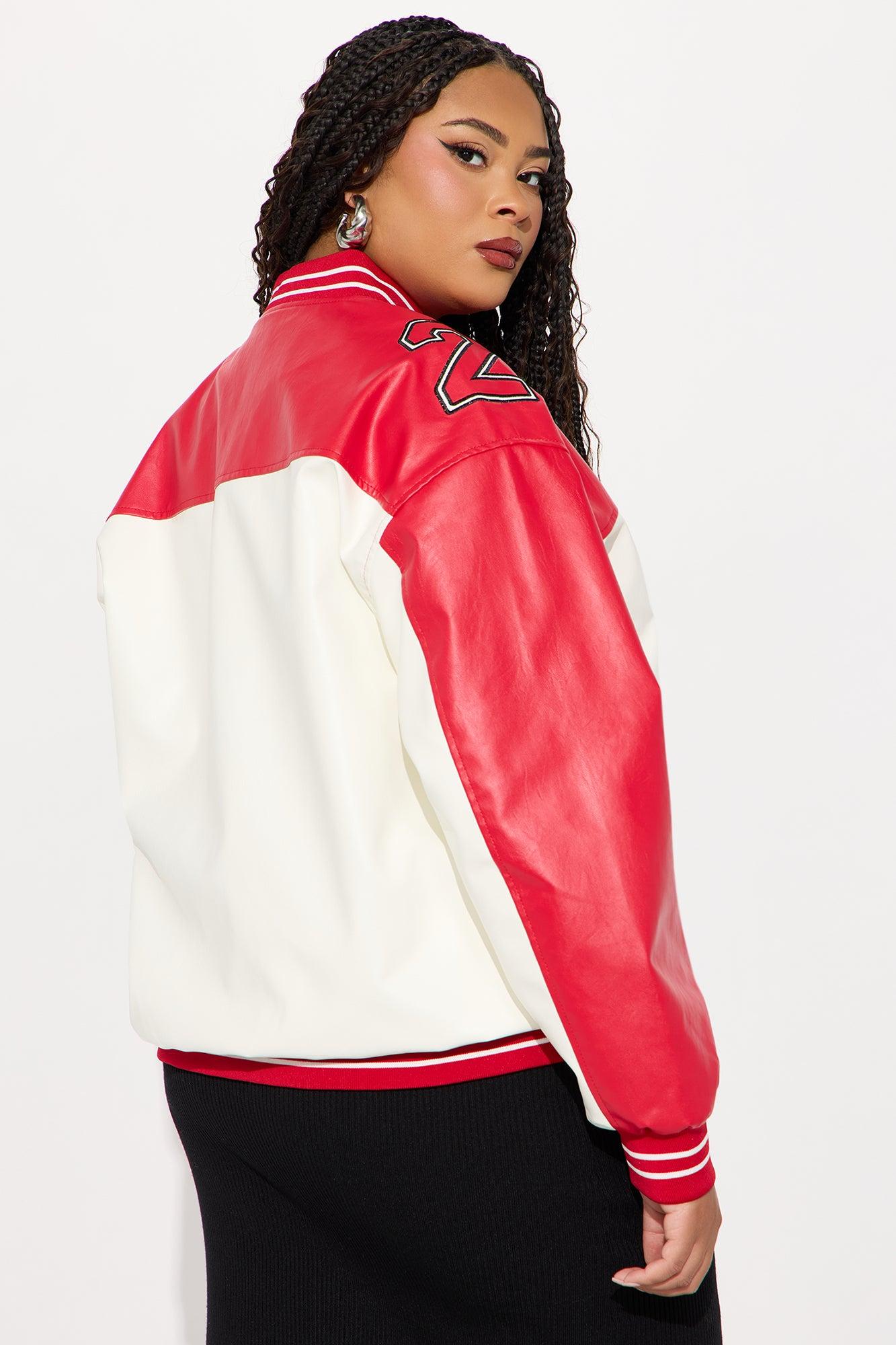 Game Day Leather Bomber Jacket - Red/combo Female Product Image