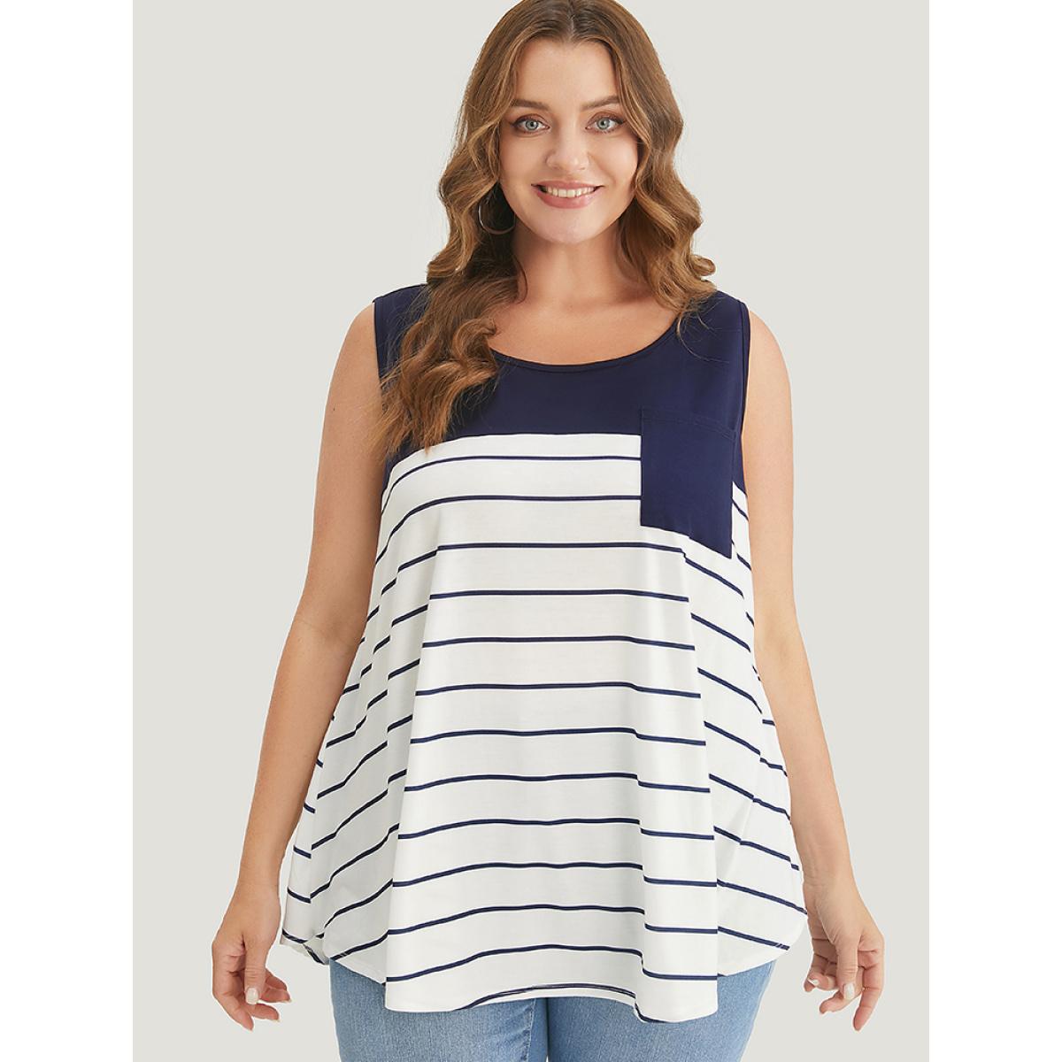 Plus Size Striped Patchwork Pocket Tank Top Women Navy Casual Round Neck Dailywear Tank Tops Camis BloomChic 28/5X Product Image