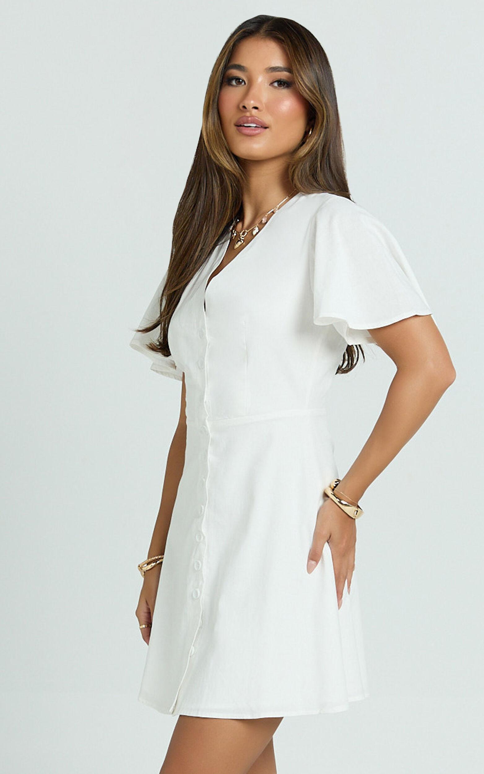 Sahar Mini Dress - Flutter Sleeve Button Through Dress in White Product Image