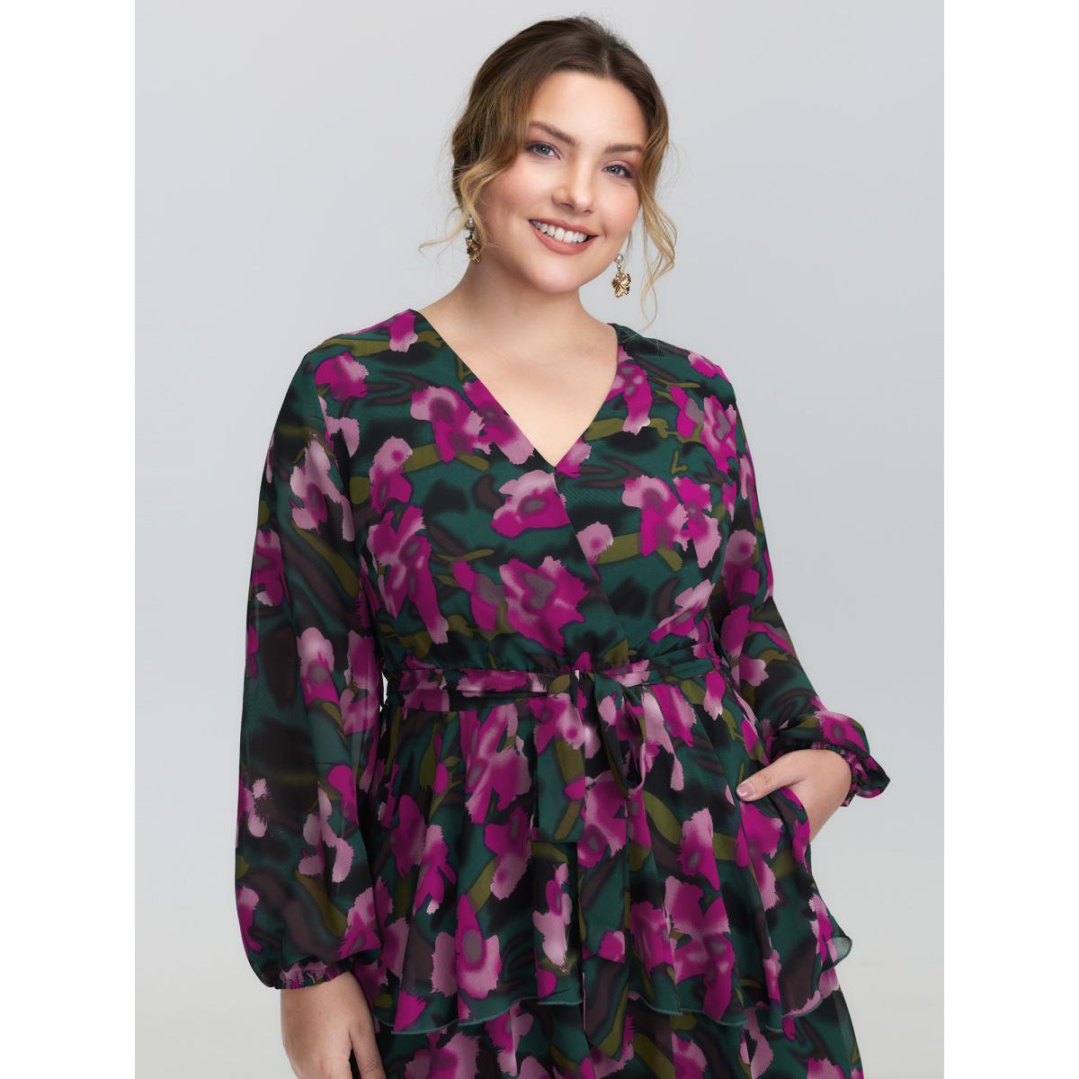 Plus Size Abstract Floral Print Layered Pockets Midi Dress Cyan Women Timeless Non Long Sleeve Curvy BloomChic 12/L Product Image
