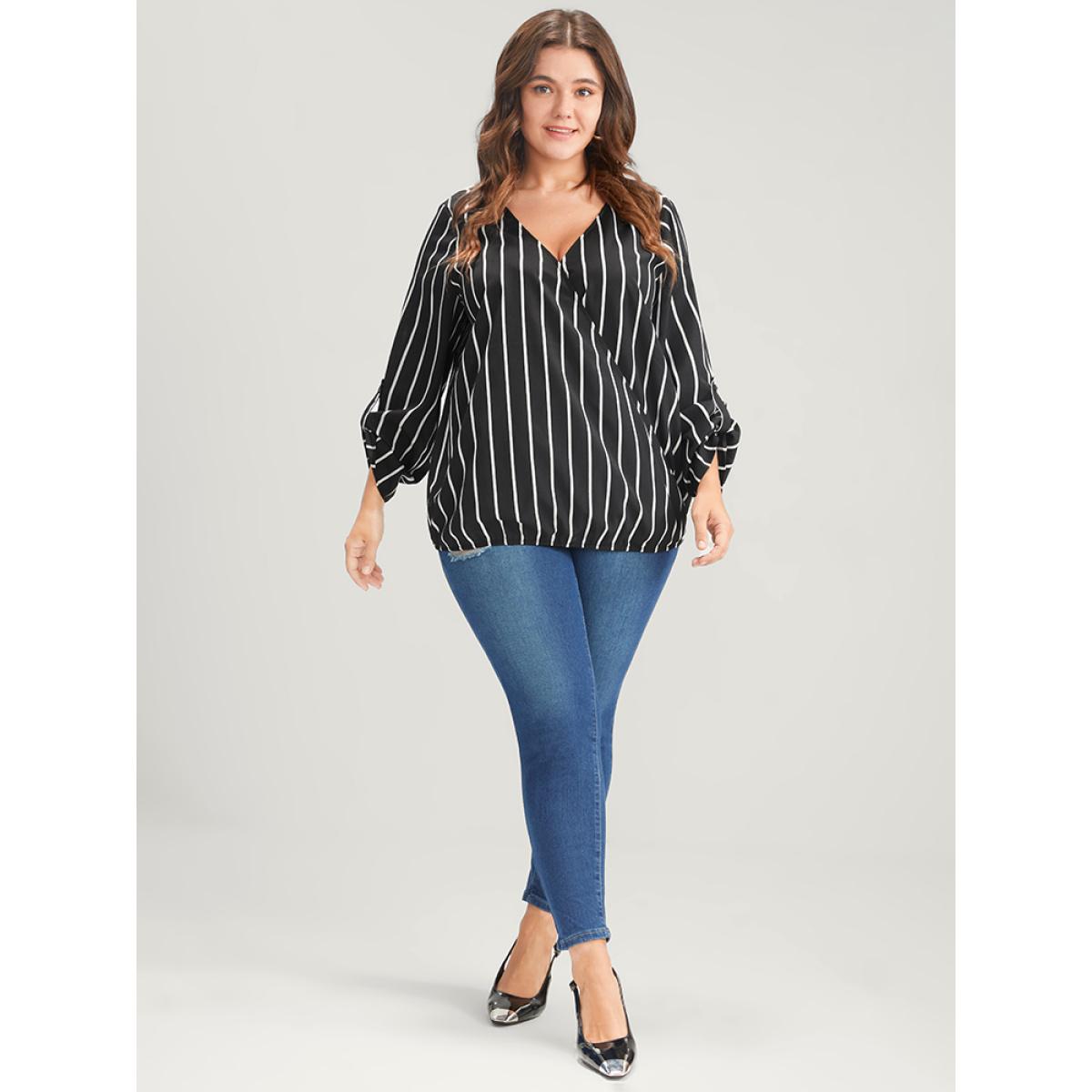 Plus Size Black Striped Wrap Cuffed Sleeve Blouse Women Office Long Sleeve V-neck Work Blouses BloomChic 28/5X Product Image