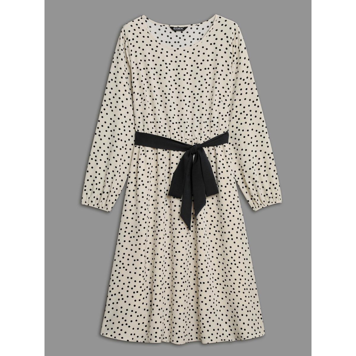 Plus Size Round Neck Polka Dot Waist-Tie Midi Dress Apricot Women Elegant Belted Round Neck Long Sleeve Curvy BloomChic 30/6X Product Image