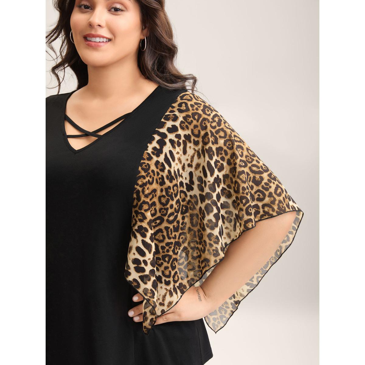 Plus Size Leopard Spliced Tied Flared Sleeve T-Shirt Black Women Casual Contrast V-neck Everyday T-shirts BloomChic 30/6X Product Image