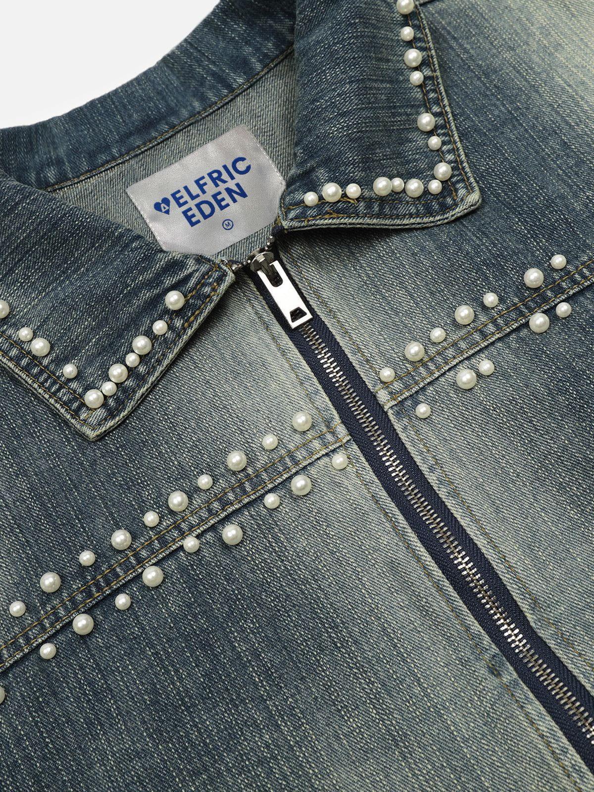 Aelfric Eden Washed Pearl Zip Up Denim Jacket Product Image